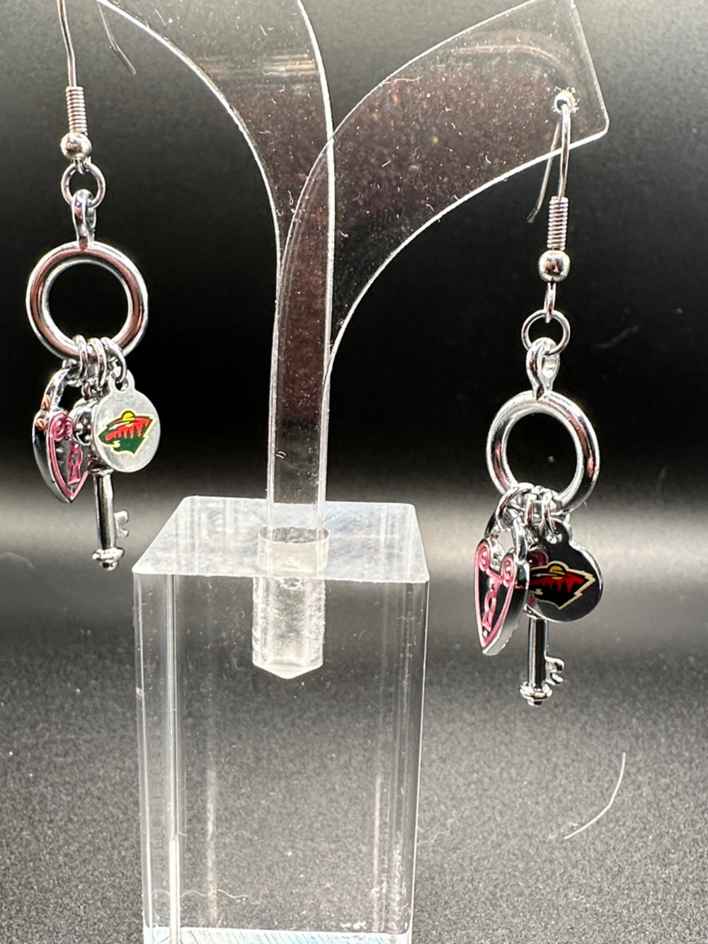 Minnesota Wild Silver-Tone Hoop Earrings with Pink and Red Heart & Key Charms